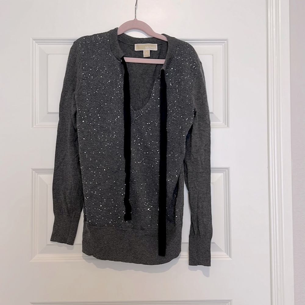 Michael Kors Gray Sequin Tie Neck Sweater